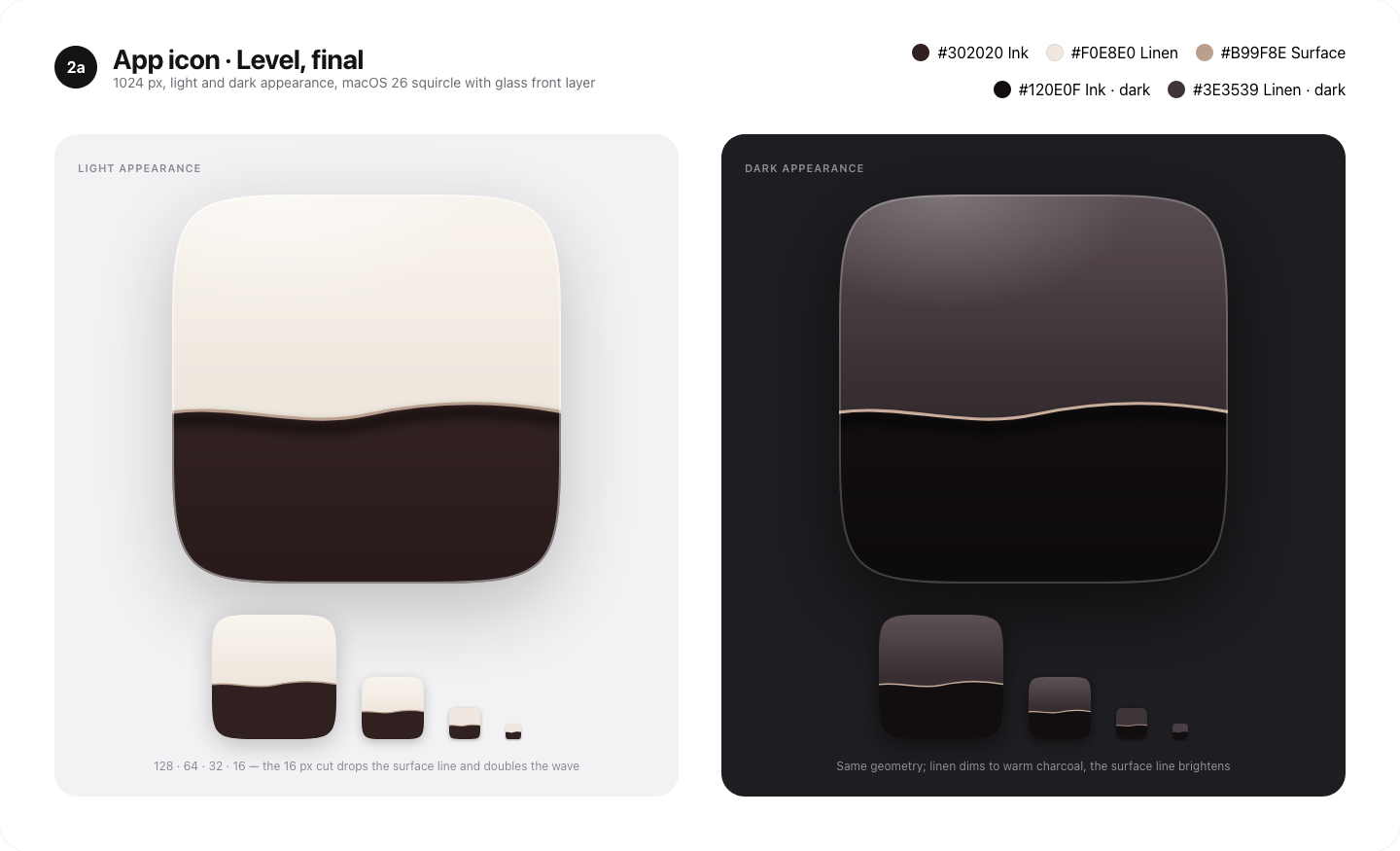 High-resolution Level identity study showing Scribby's final app icon in light and dark appearances and at smaller Mac icon sizes.
