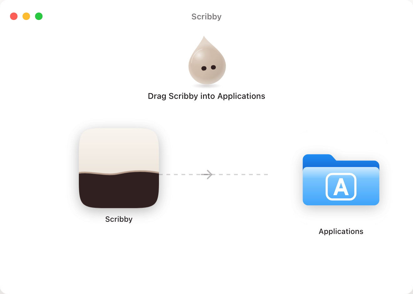 Scribby installer concept: the app icon points to the Applications folder while the Drop waits above.