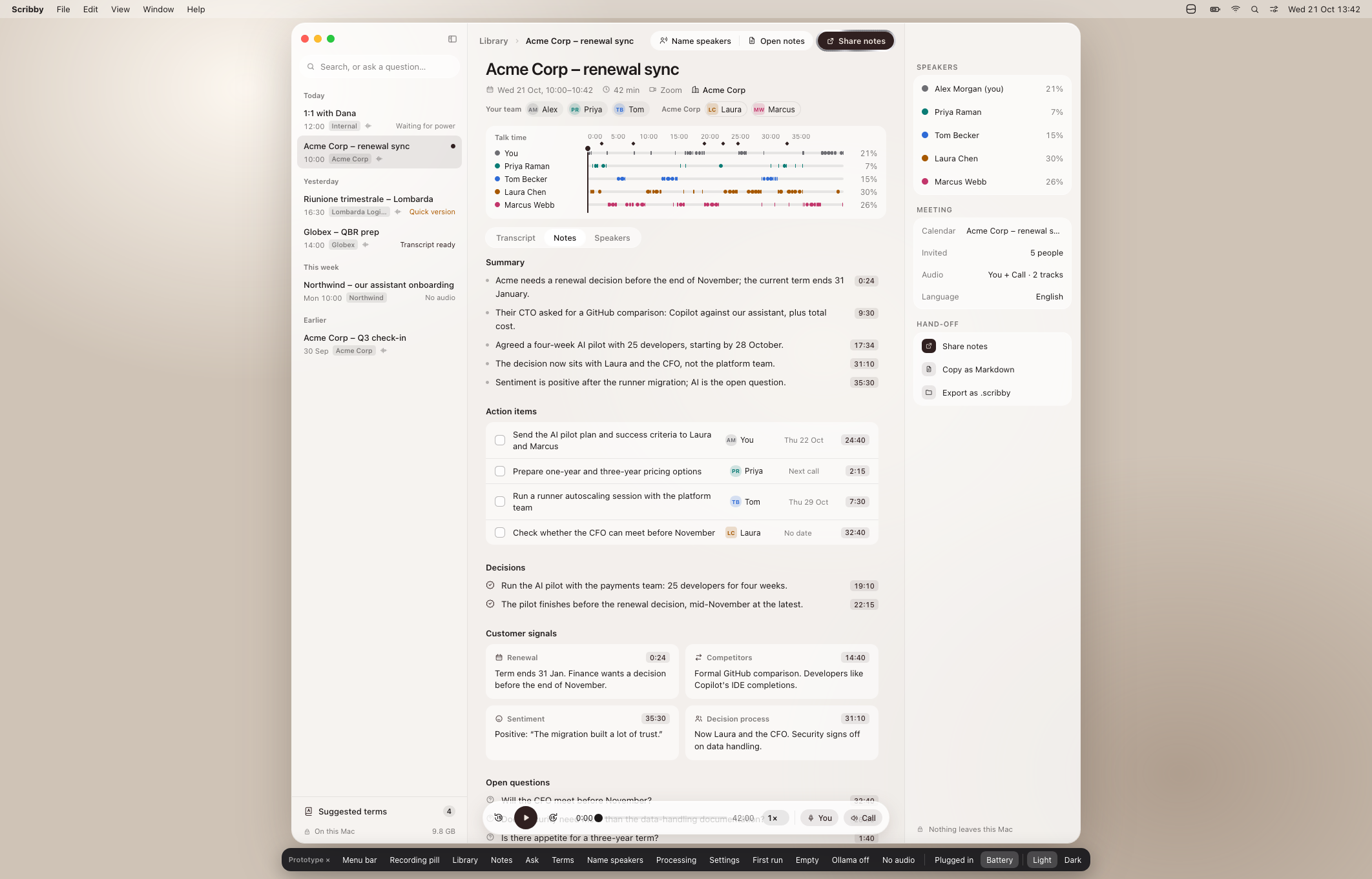 High-resolution Scribby Library prototype showing a meeting timeline, summary, named action items, decisions, open questions and hand-off options.