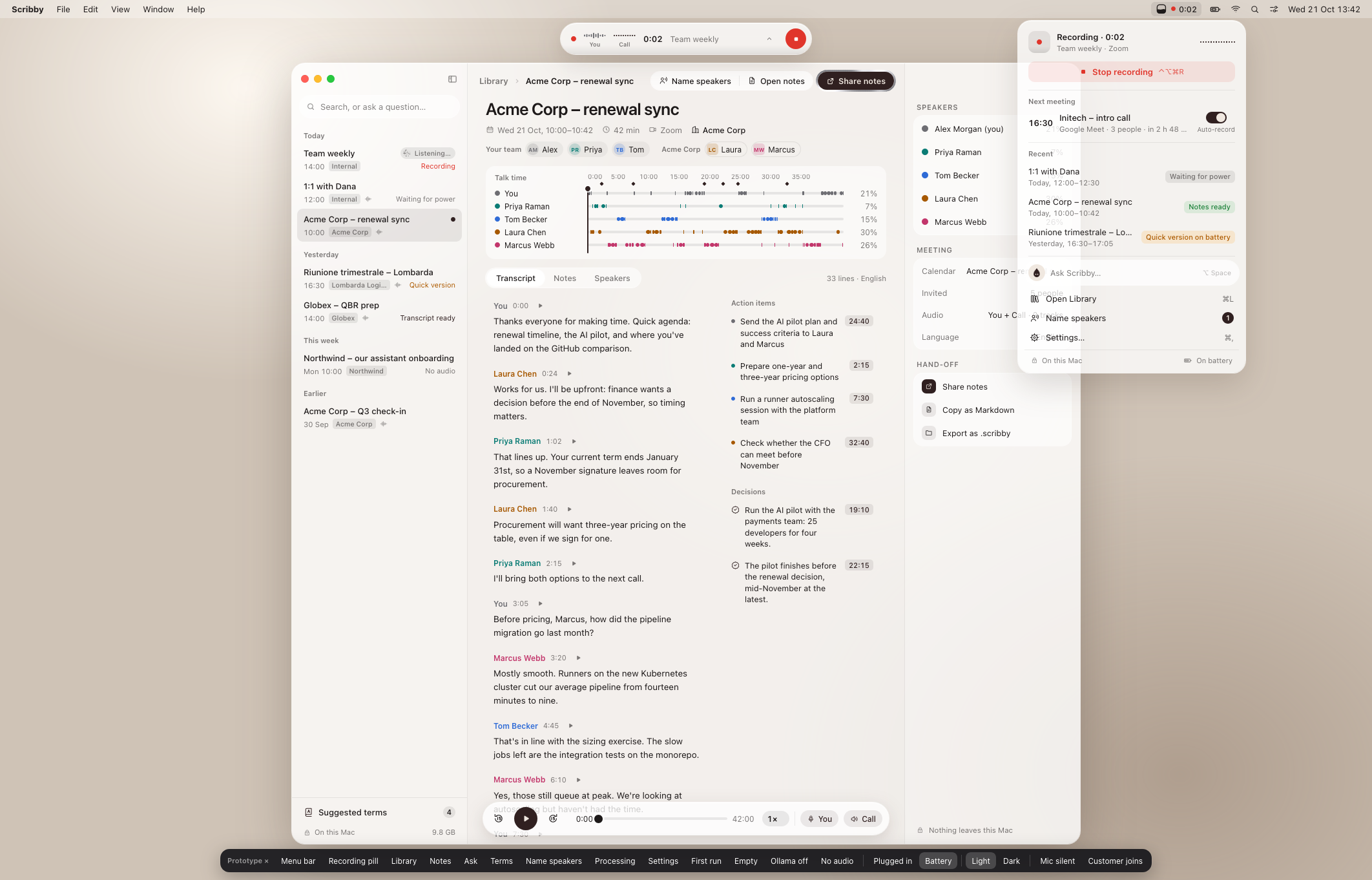 High-resolution Scribby prototype showing the recording pill, a red Stop button, separate You and Call meters, and the menu bar popover.