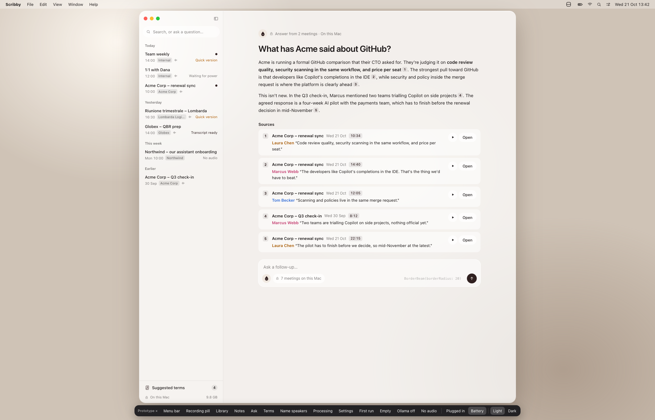 High-resolution Ask Scribby prototype showing an answer and numbered source excerpts from sample meetings.